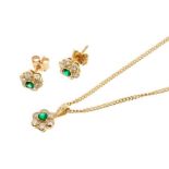 18ct gold diamond and emerald flower head cluster pendant on 18ct gold chain, 40cm long, together wi