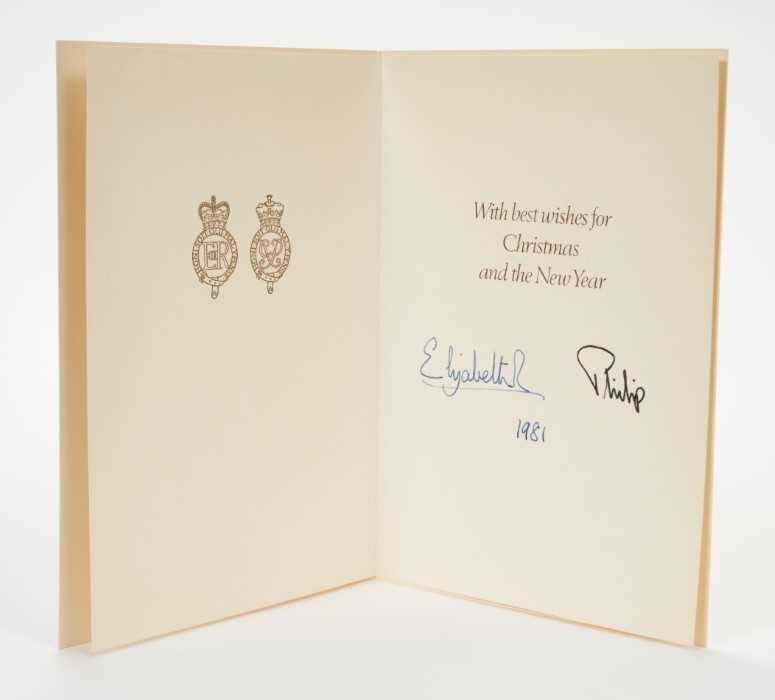 H.M.Queen Elizabeth II and H.R.H.The Duke of Edinburgh, signed 1981 Christmas card with twin gilt Ro - Image 2 of 2