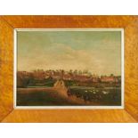 English School, early 19th century, oil on panel - Town Panorama, 42cm x 59cm, in maple veneered fra