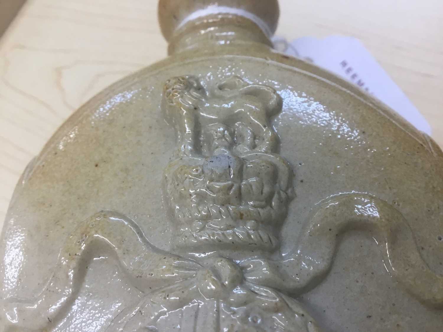 H.M. Queen Victoria 1837, scarce commemorative Lambeth salt glazed stoneware gin flask decorated in - Image 3 of 7