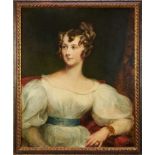 Follower of Thomas Lawrence, oil on panel, half length portrait of a young lady with white dress and