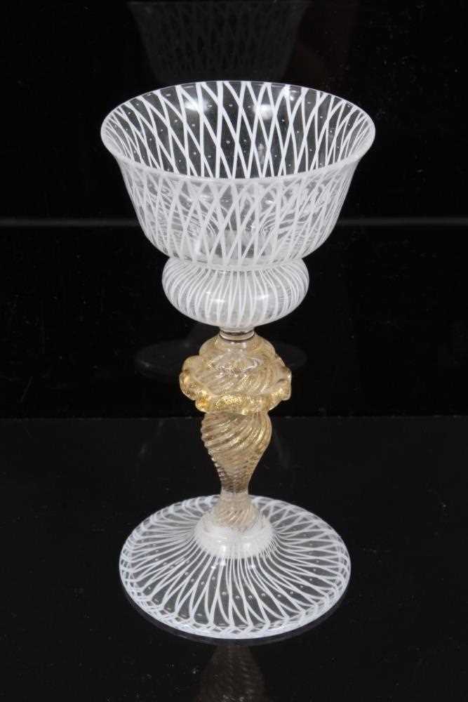 Fine Venetian wine glass with opaque lattice work and gold splash twist stem on lattice foot 12cm hi