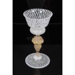 Fine Venetian wine glass with opaque lattice work and gold splash twist stem on lattice foot 12cm hi