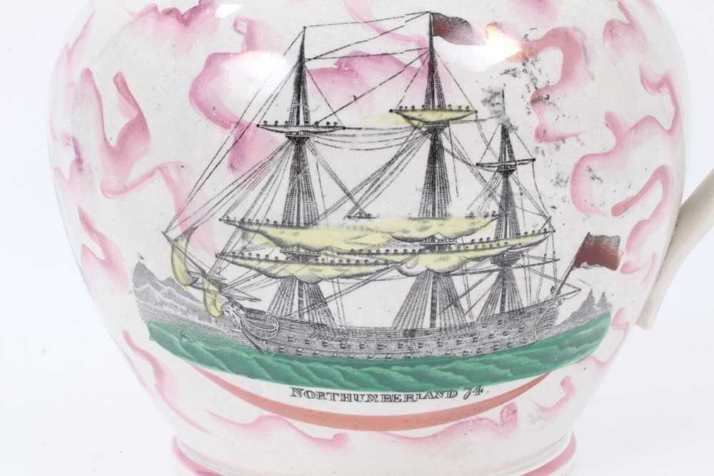 Victorian pink Sunderland lustre large jug, printed and painted with the vessel ‘Northumberland’, ci - Bild 4 aus 8