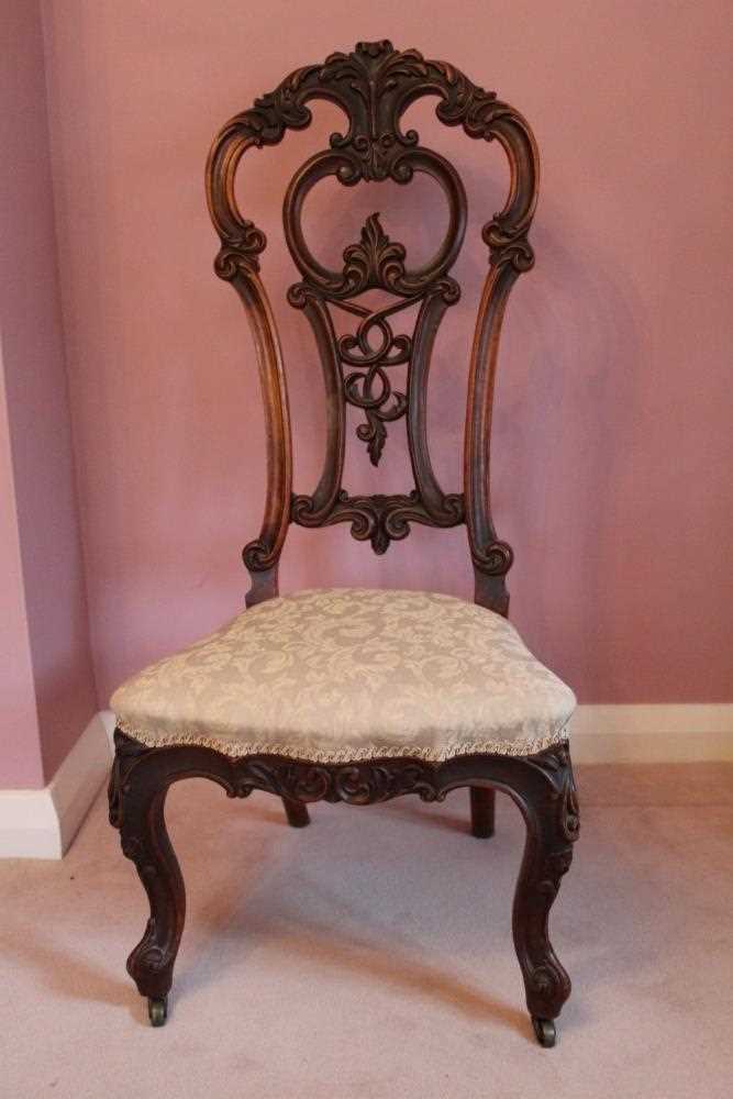 Victorian mahogany high back side chair with pierced scroll back, padded seat on cabriole legs