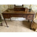 Late Regency mahogany dressing table, with three drawers to the shaped kneehole on ring turned legs,