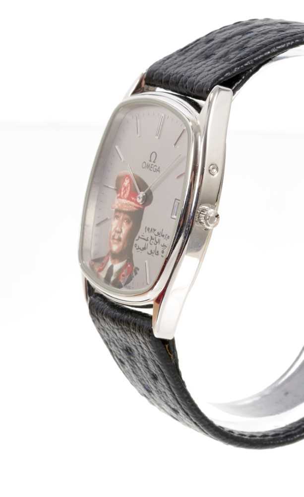 Rare Omega wristwatch, the dial decorated a portrait of President of Sudan, Gaafar al-Nimeiry, in bo - Image 2 of 5