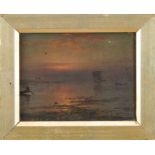 Jamini Prakash Gangooly (1876-1953) oil on canvas in gilt frame –boats at dusk, 16.5cm x 21.5cm ​