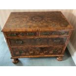 Rare William and Mary laburnum oyster veneered chest of drawers, with concentric veneered top and tw