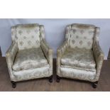 Pair of good quality early 20th century silk damask upholstered square back armchairs.