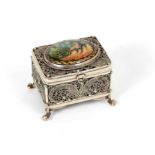Filigree white metal box with enamelled image of leaping stag
