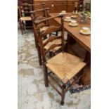 Set of eight 18th century style ladder back chairs, each with caned seat on turned understructure