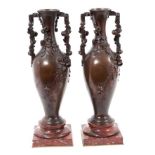 After Auguste Moreau: Good pair of bronze ornamental vases, on rouge marble bases