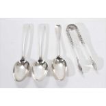 Pair late William IV Irish silver sugar tongs and three silver table spoons