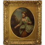 English School circa 1800, oval oil on canvas, an elegant young lady picking flowers in a garden,