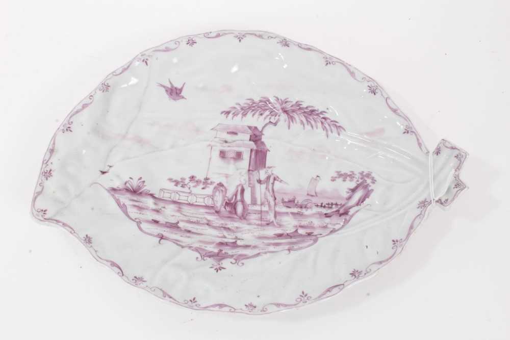 Worcester cabbage leaf shaped dish, painted in puce, circa 1758