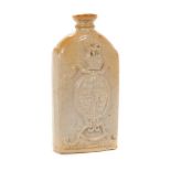 H.M. Queen Victoria 1837, scarce commemorative Lambeth salt glazed stoneware gin flask decorated in