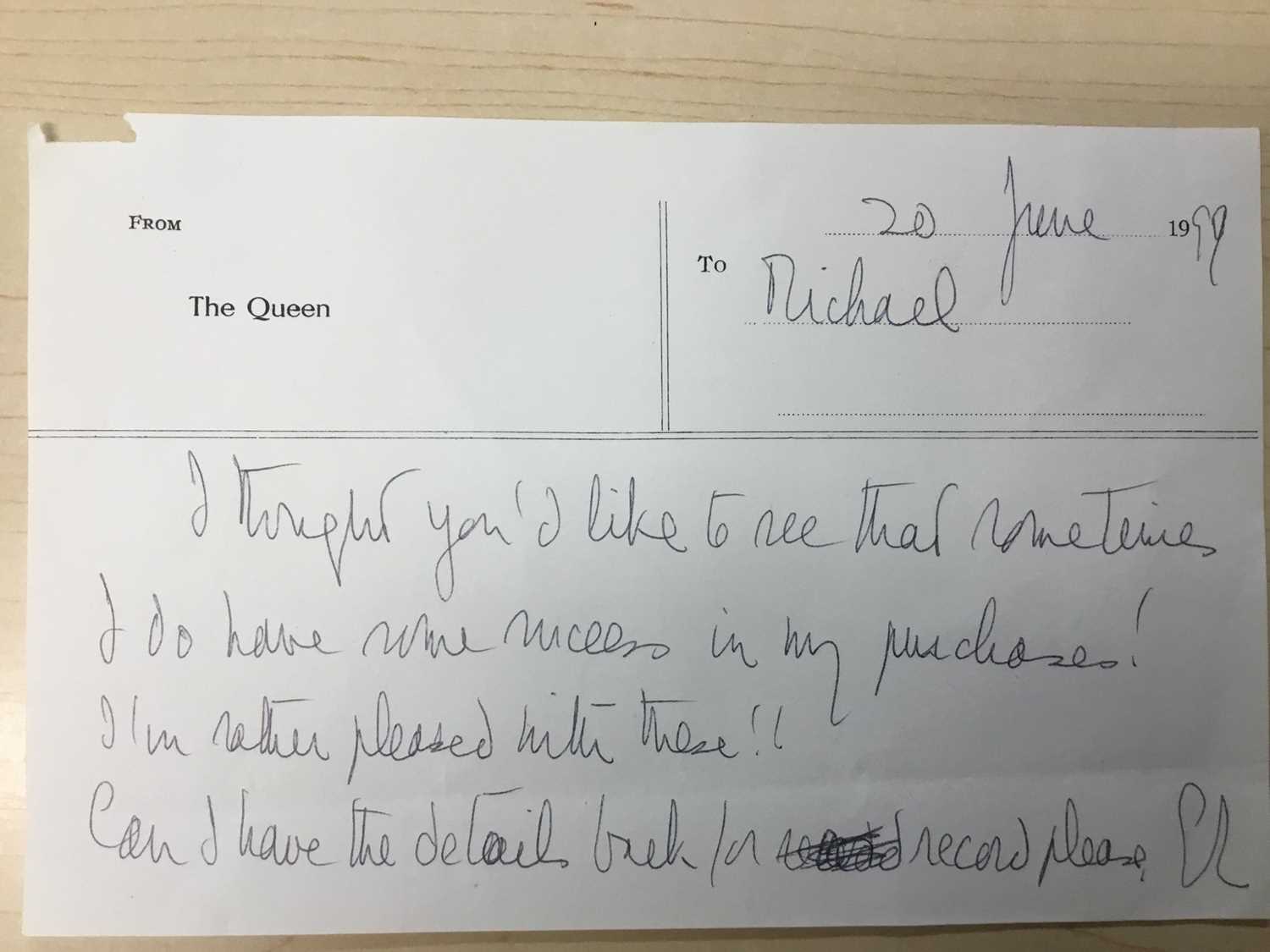 H.M.Queen Elizabeth II, handwritten note dated 20th June 1999 to Michael expressing her delight in a - Bild 4 aus 4