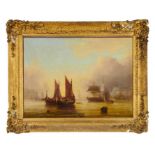 English School, early 19th century, oil on canvas - British soldiers in rowing boats off the coast,