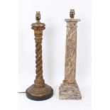 Marble grained wooden corinthian column table lamp, 48cm high, together with a carved gilt wood tabl