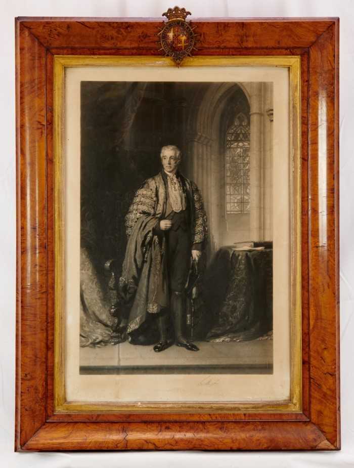Engraving of Duke of Wellington in burr walnut frame with applied armorial