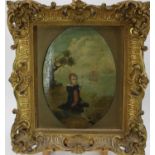 English School, early 19th century, oil on canvas laid on panel - a child seated on a shore with a