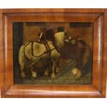 Naive School, 19th century, oil on canvas - pair of heavy horses, 33cm x 42cm, in good quality walnu