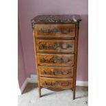 19th century French kingwood veneered narrow chest of five drawers with rouge marble top, parquetry