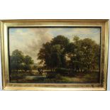 David Payne (1843 - 1891), oil on canvas, An extensive wooded landscape with a two horse drawn car