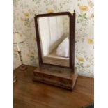 George II walnut dressing table mirror, with bevelled swing plate and three drawers to the platform