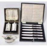 Victorian silver mustard pot, a cased set of silver handled fruit knives and other items