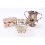 Victorian silver bowl, Edwardian silver cigarette box and and Old Sheffield plate twin handled cup