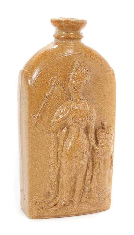 H.M. Queen Victoria 1837, scarce commemorative Lambeth salt glazed stoneware gin flask decorated in - Image 2 of 7