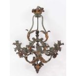 Rococo style gilt wrought metal chandelier, with nine scrolling candle arms, 48cm wide, approximatel