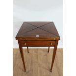 Edwardian inlaid mahogany envelope top card table with single drawer, on square taper legs terminati