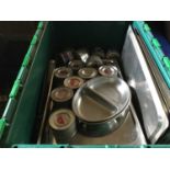Five boxes of stainless steel catering tins, serving trays, dishes etc and other items