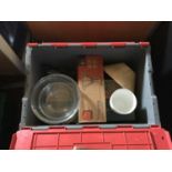 Four boxes of catering glass ware, cups, tins, serving trays, dishes etc.