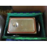 Four boxes of stainless steel catering tins, serving trays, dishes etc.