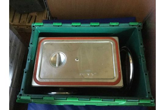 Four boxes of stainless steel catering tins, serving trays, dishes etc. - Image 1 of 4