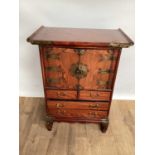 Chinese elm miniature cabinet with brass mounts, the twin cupboard doors above two short and two lon