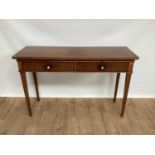 Inlaid mahogany serving table with rectangular top above two slides and two drawers below, on square