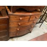 Nineteenth century mahogany bowfront chest of two short and three long graduated drawers, 42" wide,