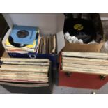 Quantity of records, including two boxes of LPs (mostly Jazz), a box of singles and a box of 78s