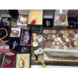 Collection of vintage costume jewellery, wristwatches including gold watch, bijouterie and coins etc