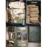 Two boxes of mixed postcards, cigarette cards and albums