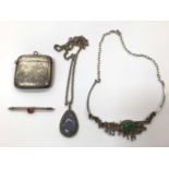 Silver vesta case, 9ct gold bar brooch and two silver pendant necklaces