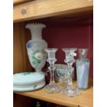 Pair of Sèvres glass candlesticks, together with murano glass vase, French opaline glass vase and ot