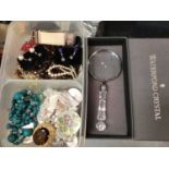 Small group costume jewellery and Waterford crystal magnifying glass in orignal box