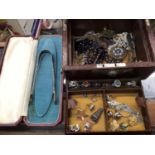 Victorian leather jewellery box containing white metal gem set rings, other vintage jewellery, pair