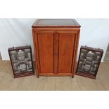 Pair of Chinese glazed display cabinets together with Chinese TV cabinet